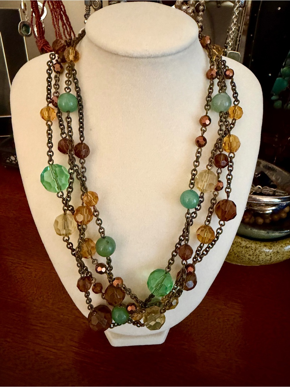 Multi-Strand Green and Amber Beaded Women’s Necklace